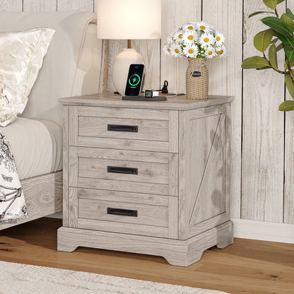 Farmhouse Nightstand Set of 2, 22 inch Side Table with Charging Station for Bedroom, 2PCS, White