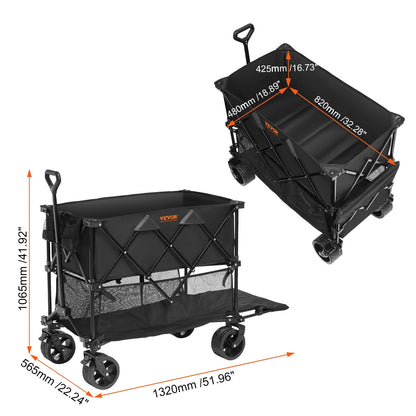 VEVOR Foldable Double Decker Wagon, 400L Collapsible Wagon Cart with All-Terrain Wheels,Heavy Duty Folding Wagon Cart 350-450 lbs Weight Capacity for Camping,Shopping,Garden,52" Extra Long Extender
