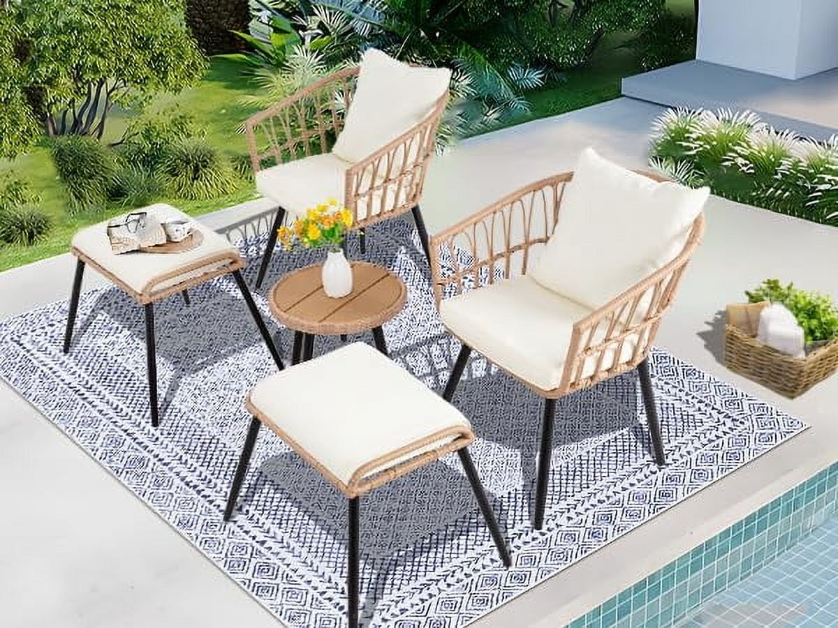 FHFO 3 Piece Patio Bistro Set, Outdoor Wicker Apartment Balcony Furniture Sets, Rattan Table and Chairs Set of 2 for Porch Backyard Lawn Poolside Deck, Beige