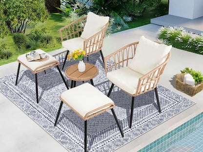 FHFO 3 Piece Patio Bistro Set, Outdoor Wicker Apartment Balcony Furniture Sets, Rattan Table and Chairs Set of 2 for Porch Backyard Lawn Poolside Deck, Beige