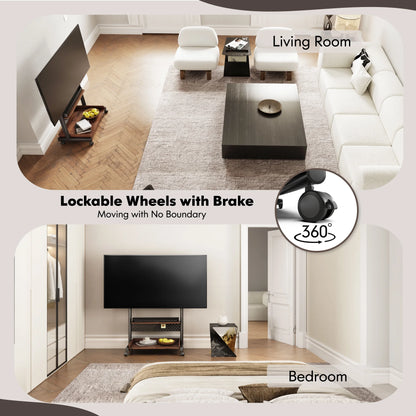FITUEYES Rolling TV Stand with Wheels for 40-85 inch TVs, Height Adjustable Mobile TV Stand TV cart with Wooden Large Storage,White