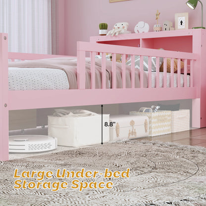 Euroco Wood Twin Size Platform Bed with Storage Headboard and Drawers, Low Profile Bed with Guardrails for Kids and Toddlers, White