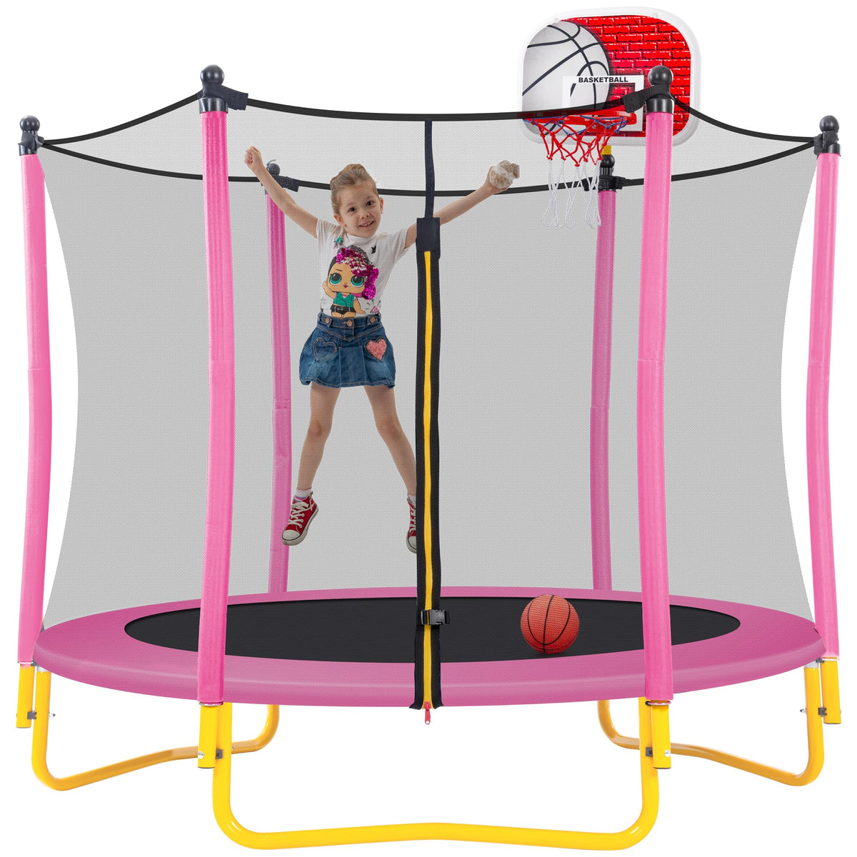 Leuco 66" Kids Trampoline with Basketball Frame, Rubber Ball and Enclosure Net, 5.5ft Mini Small Toddler Trampoline Toys for Indoor and Outdoor Use, Age for 1-8 years old