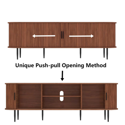 HLR 70" Mid Century TV Stand With Tambour Door For TVs Up To 80", Entertainment Center With Storage, Brown