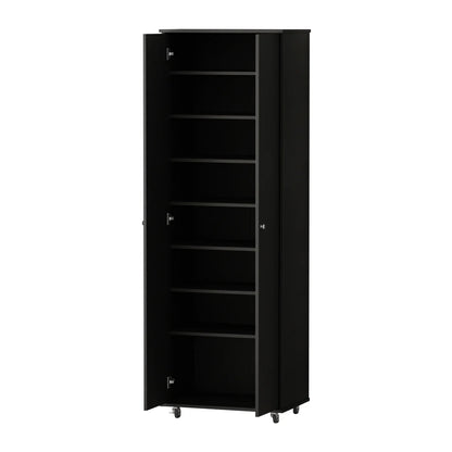 KULAGAGA 2-Door Tall Shoes Storage Cabinet with Wheels, Modern 8-Tier Wood Shoe Rack Storage Organizer for Entryway Hallway Blcak