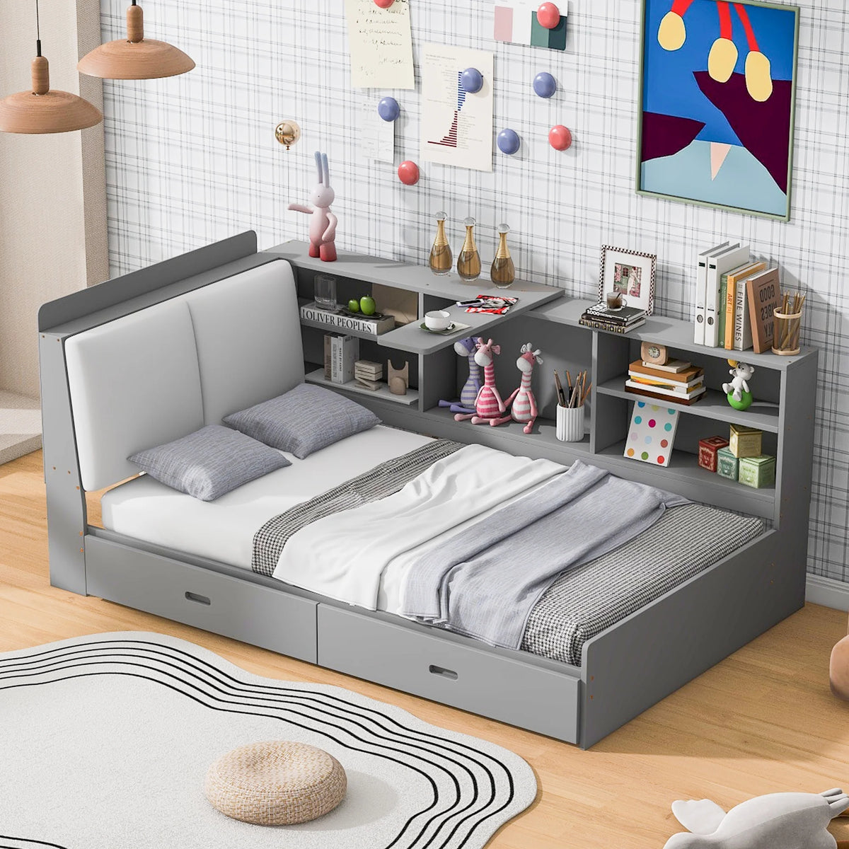 Euroco Wood Twin Size Platform Bed with Storage Headboard and Shelves, 2 Drawers Floor Bed for Kids, White