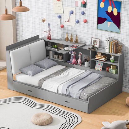 Euroco Wood Twin Size Platform Bed with Storage Headboard and Shelves, 2 Drawers Floor Bed for Kids, White