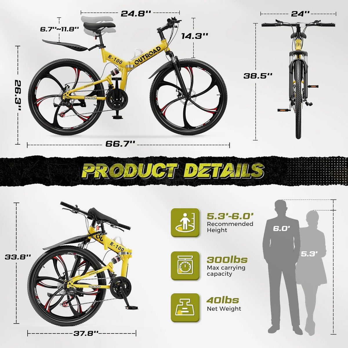 SUNCROWN 26 Inch Folding Mountain Bike, 21 Speed Full Suspension High-Carbon Steel MTB Foldable Bicycle, Dual Disc Brake Non-Slip Folding Bikes for Adults/Men/Women, Black