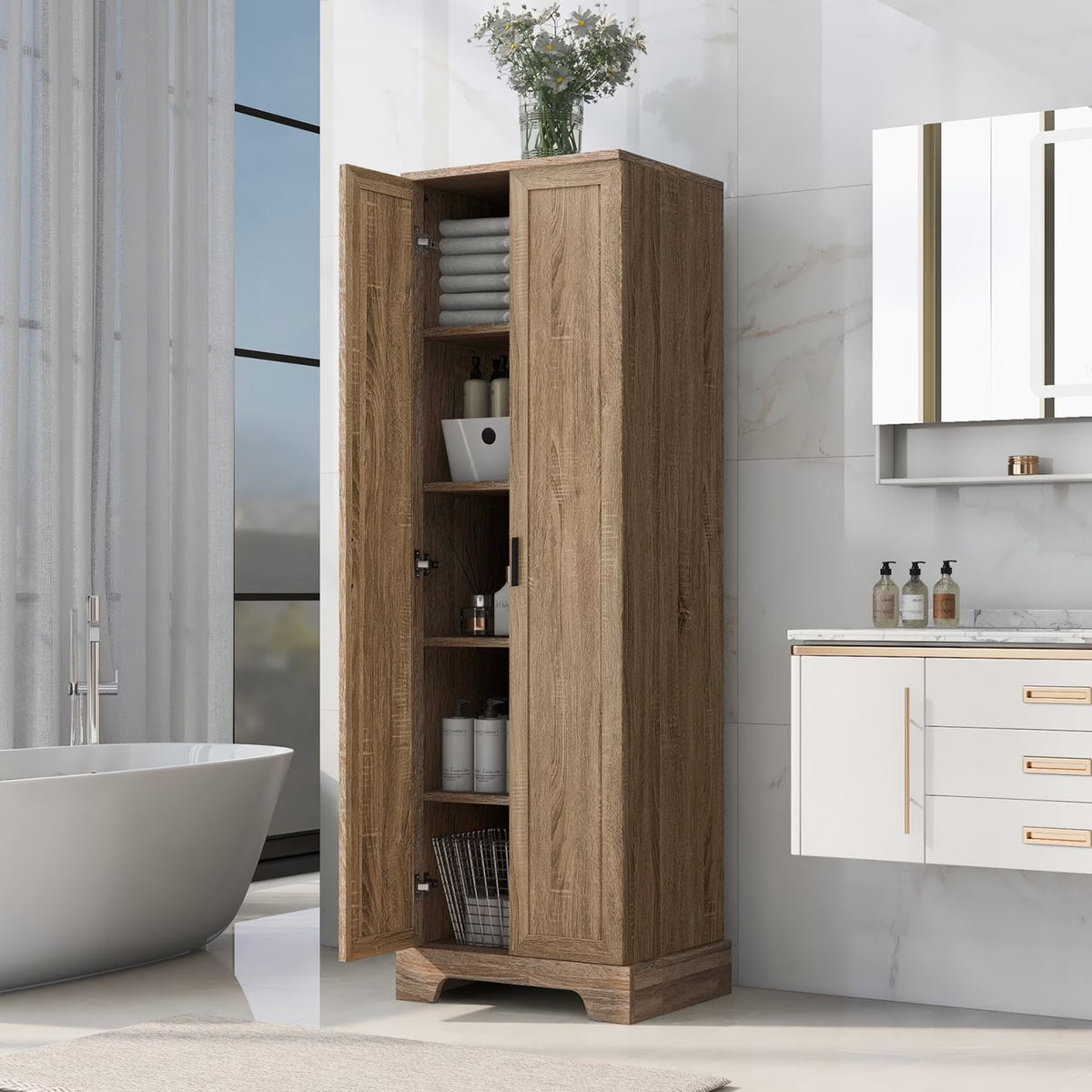 22'' Double Door Storage Cabinet with Adjustable Shelves, High Quality Bathroom Cabinet with  MDF Material, for Living room, Bathroom, Black