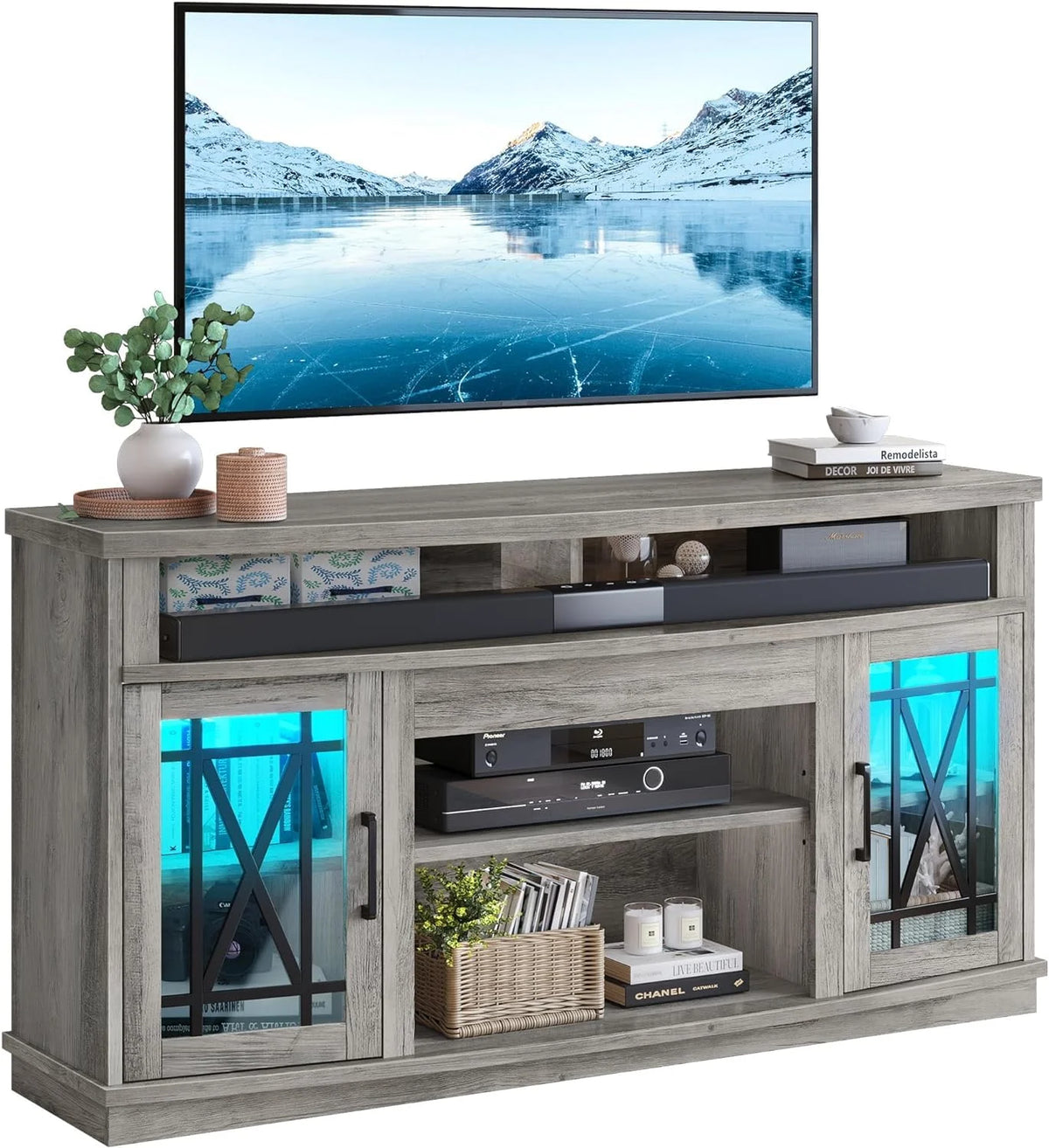 TROPOW Tv Stands for Living Room,Modern Entertainment Center with 2 Acrylic Doors,Led Light Media Console,TV Cabinet with Power Outlets & Adjustable Shelves for Living Room Bedroom,Gray