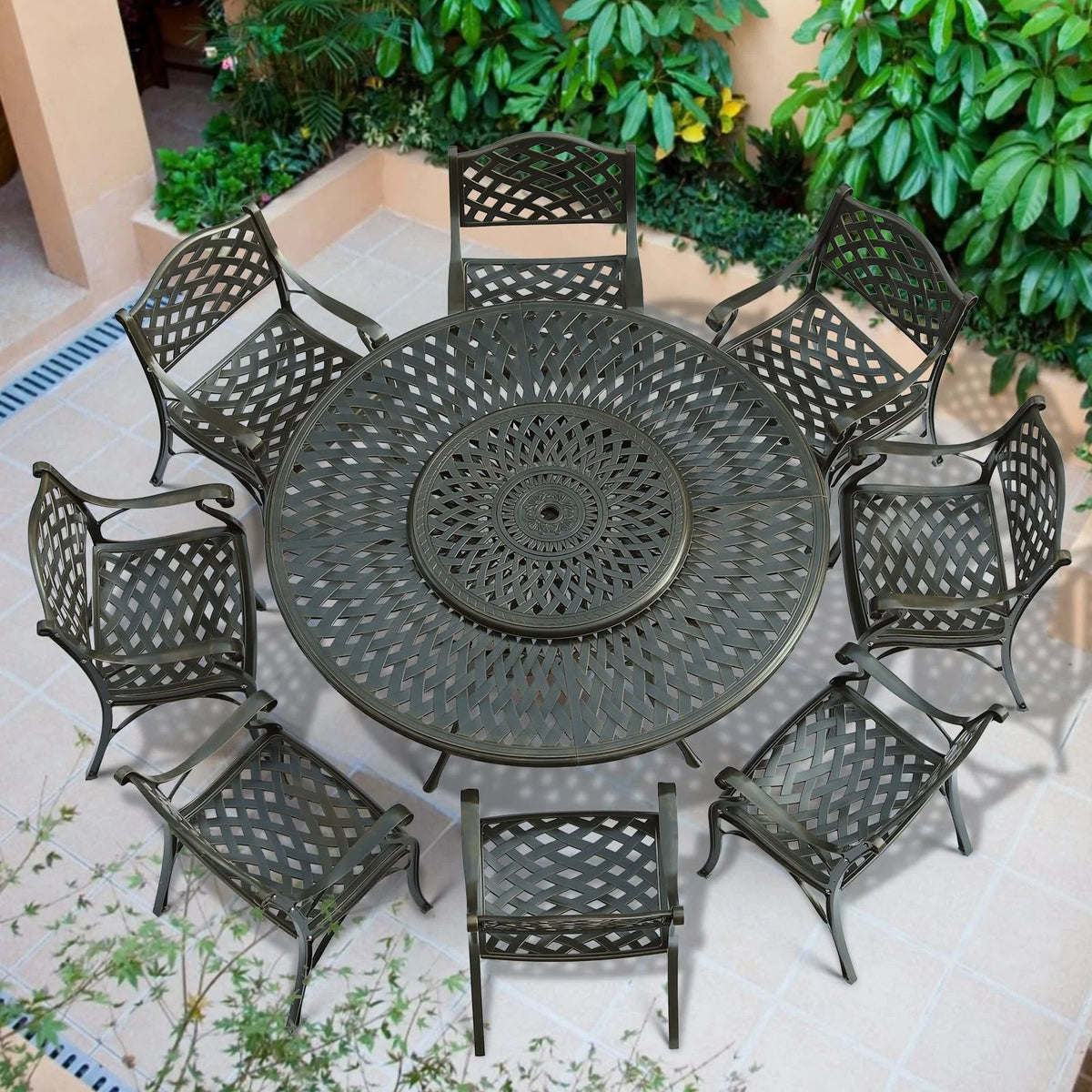 VIVIJASON 9-Piece Patio Dining Set, Rust-Free Cast Aluminum Outdoor Furniture Set, 8 Patio Dining Chairs and 61" Round Dining Table with 31" Lazy Susan, Umbrella Hole for Backyard, Patio, Garden
