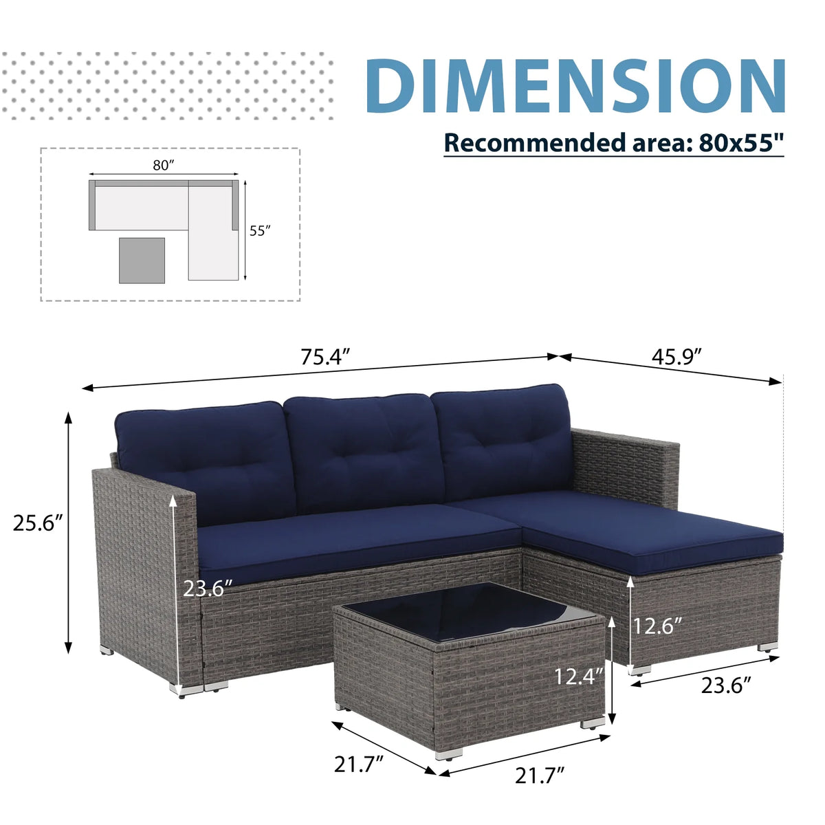 JOIVI 3 Pieces Patio Conversation Set, PE Wicker Rattan Outdoor Furniture Set, 2 Ways Small Sectional Sofa, Tempered Glass Coffee Table, Silver-Gray