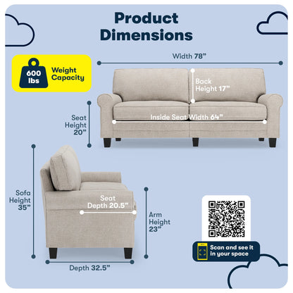 Serta Copenhagen 78" Rolled Arm Sofa with Removable Covers Dark Brown