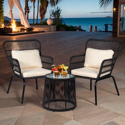 Tappio 3-Piece Patio Conversation Bistro Set Rattan Furniture, Outdoor Patio Set w/Glass Top Table & Cushions for Garden Balcony Backyard Poolside, Yellow/Beige