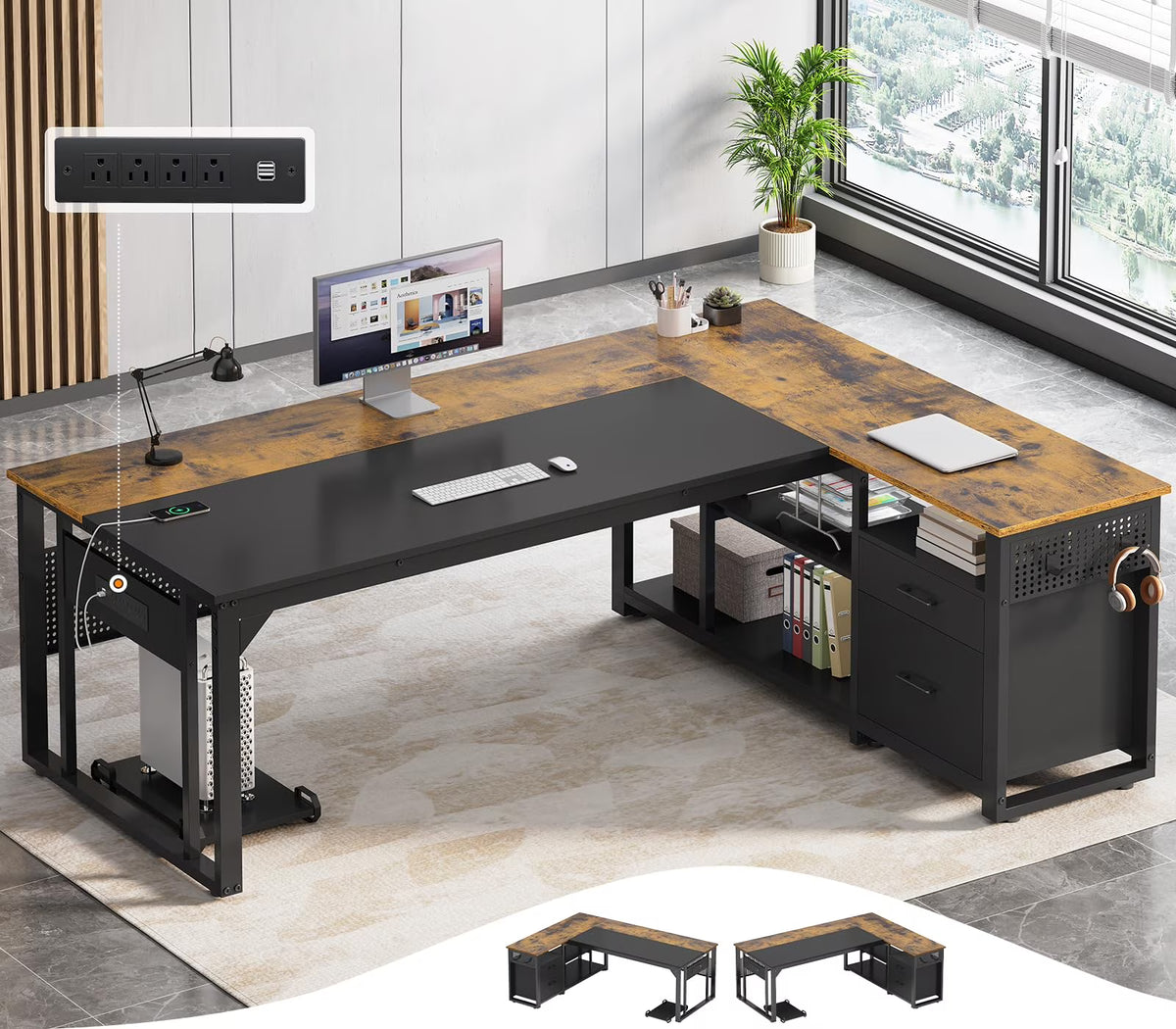71" Executive Desk with Power Outlets, Modern L Shaped Office Desk with File Drawers and Pegboard, Large Computer Desk, Rustic Brown