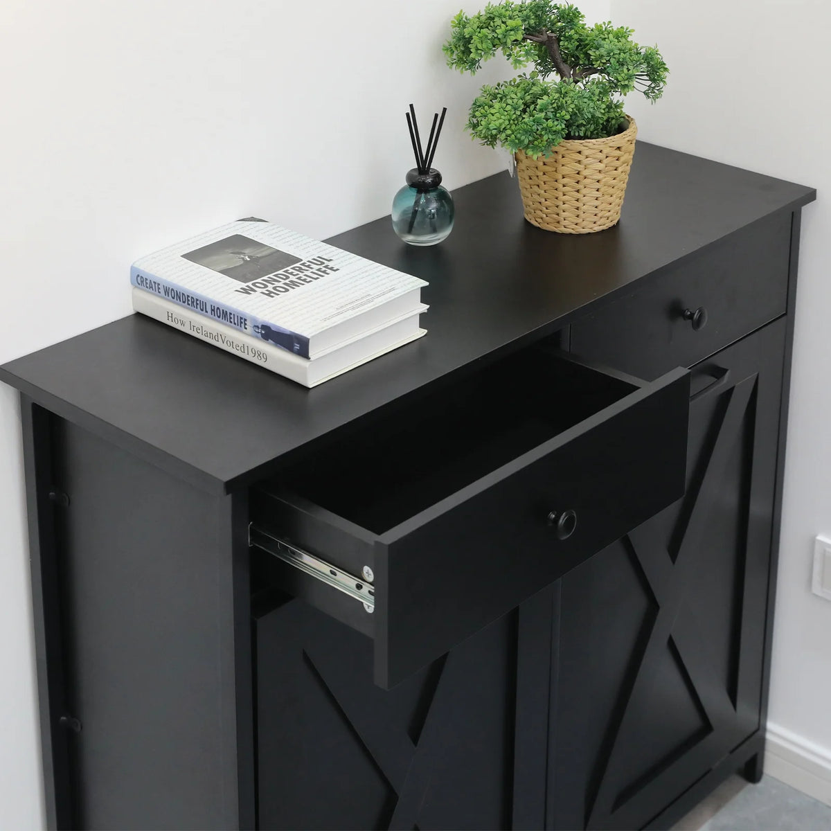 Pirecart 20 Gallon Double Tilt Out Trash Cabinet Wood Hidden Storage Cabinet, Recycling Cabinet with 2 Drawers, Black