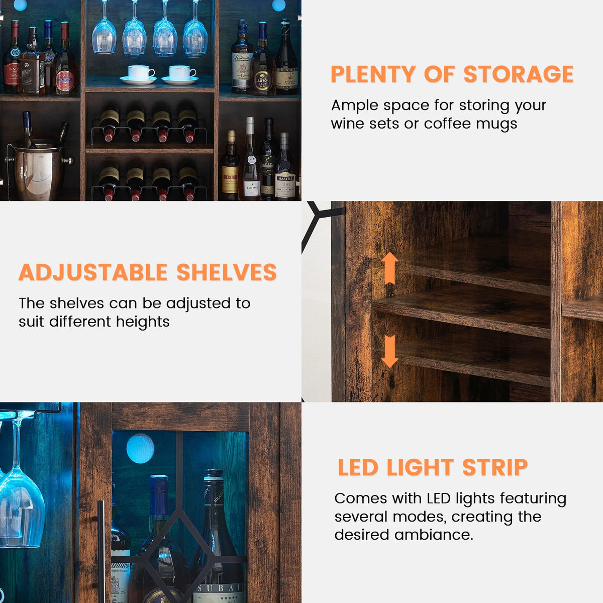 Faitaliicy Wine Bar Cabinet With Led Light Wine And Glass Rack Kitchen Buffet Sideboard Industry Coffee Bar Cabinet Freestanding Liquor Cabinet For Kitchen Dining Room Living Room