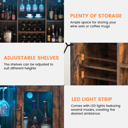 Faitaliicy Wine Bar Cabinet With Led Light Wine And Glass Rack Kitchen Buffet Sideboard Industry Coffee Bar Cabinet Freestanding Liquor Cabinet For Kitchen Dining Room Living Room