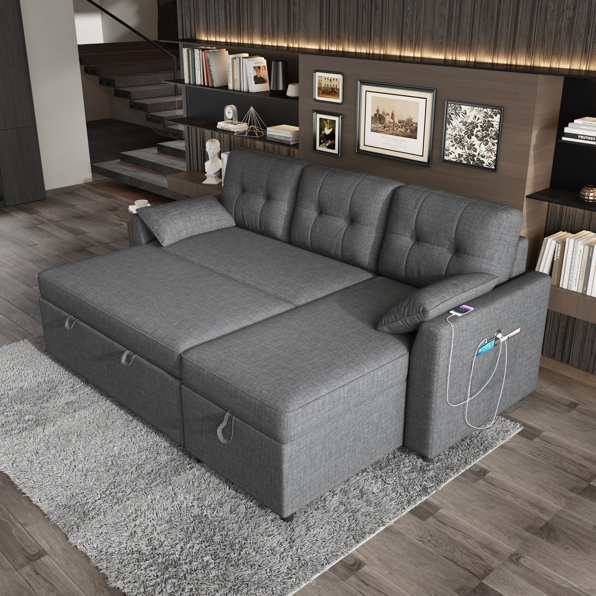 VANACC Sectional Sofa Bed with Storage and Soft Seat ,Reversible Pull Out Couch for Living Room,Beige