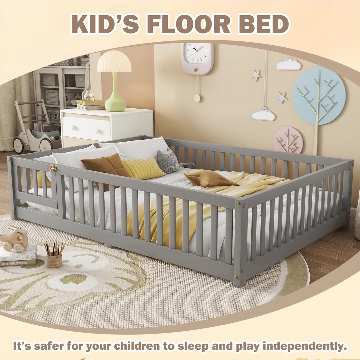 Bellemave Full Size Floor Bed with Door and Fence Floor Bed with Bed Slats Sturdy Wood Floor Bed Montessori Bed Frame (Full, Pink)