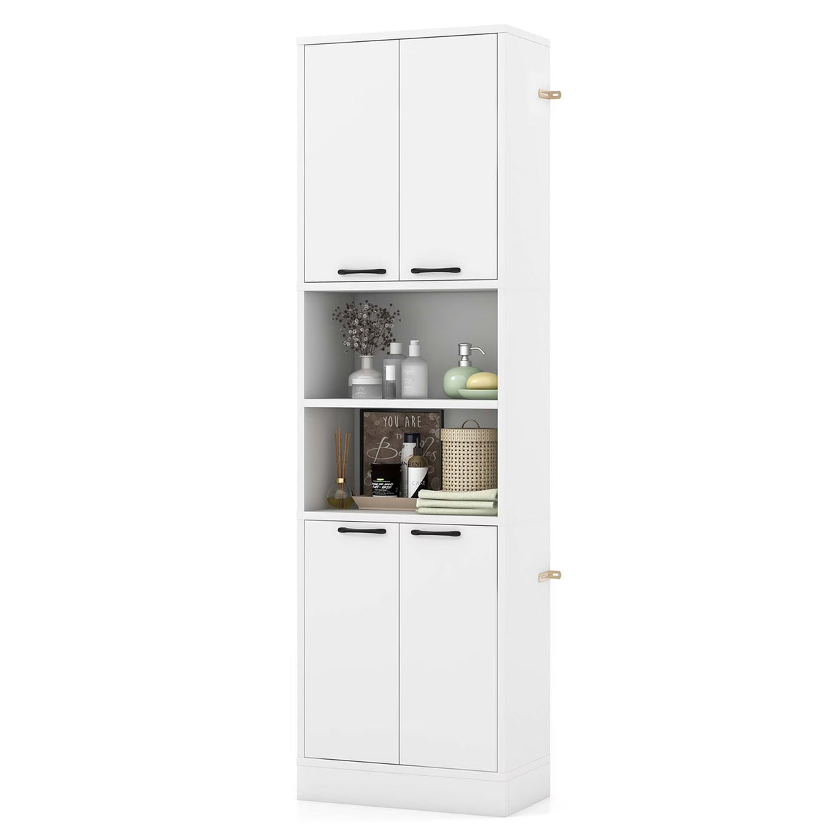Costway 75" Tall Bathroom Storage Cabinet with 4 Doors & 2 Open Compartments Freestanding White