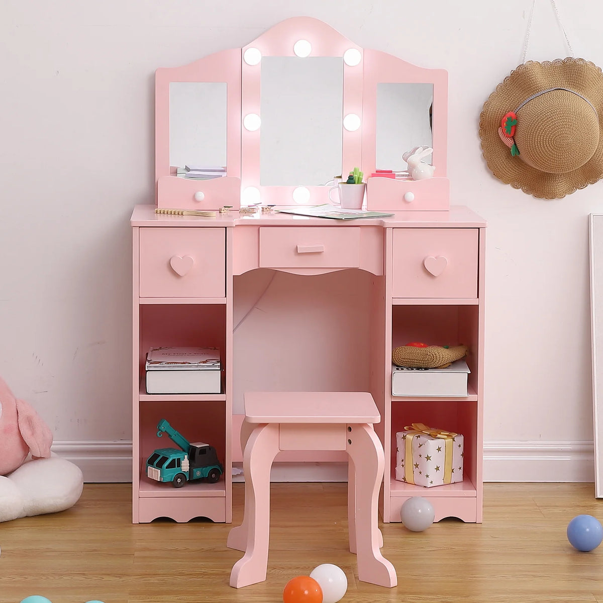 Zzistar Kids Vanity Table Set with Light, Tri-Folding Mirror, 5 Drawers and Square Stool, Wood Makeup Desk Dressing Table with Open Storage Shelves and Detachable Top