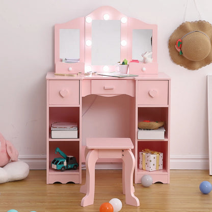 Zzistar Kids Vanity Table Set with Light, Tri-Folding Mirror, 5 Drawers and Square Stool, Wood Makeup Desk Dressing Table with Open Storage Shelves and Detachable Top