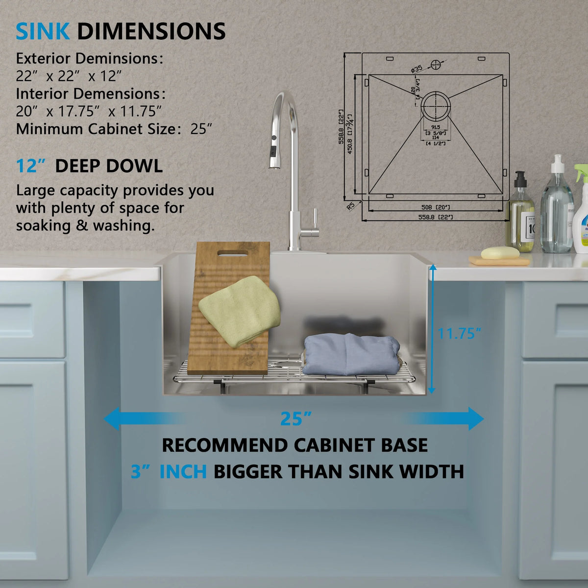 22 Laundry Sink Drop In - Fulorni 22"x22" Laundry Utility Sink Drop In Topmount 16 Gauge Stainless Steel 12 Inch Deep Single Bowl Above Counter Square Utility Laundry Room Sink Basin
