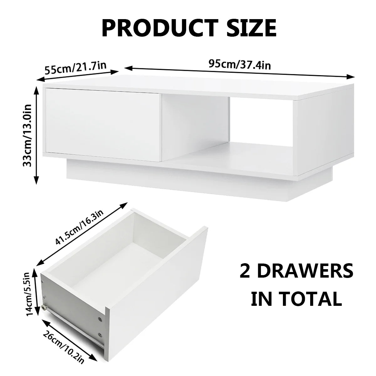 Hommpa LED Coffee Table Modern Side Tables High Gloss Black Cocktail Table with 2 Drawers Open Shelf for Living Room