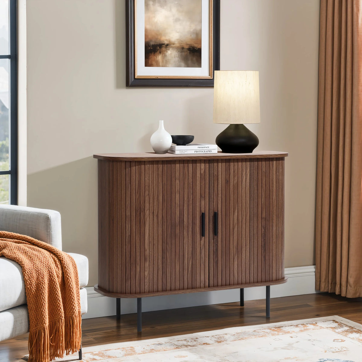 LuxenHome 35" Mid Century Modern Accent Cabinet, Small Buffet Cabinet with Sliding Door, Oak