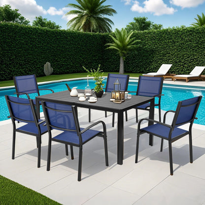Seizeen 7-Piece Outdoor Table and Chairs, Patio Table Set with 6 Rattan Chairs, All-weather Outdoor Patio Dining Sets Rectangular Metal Table with Acacia Wood Top, Umbrella Hole, Gray