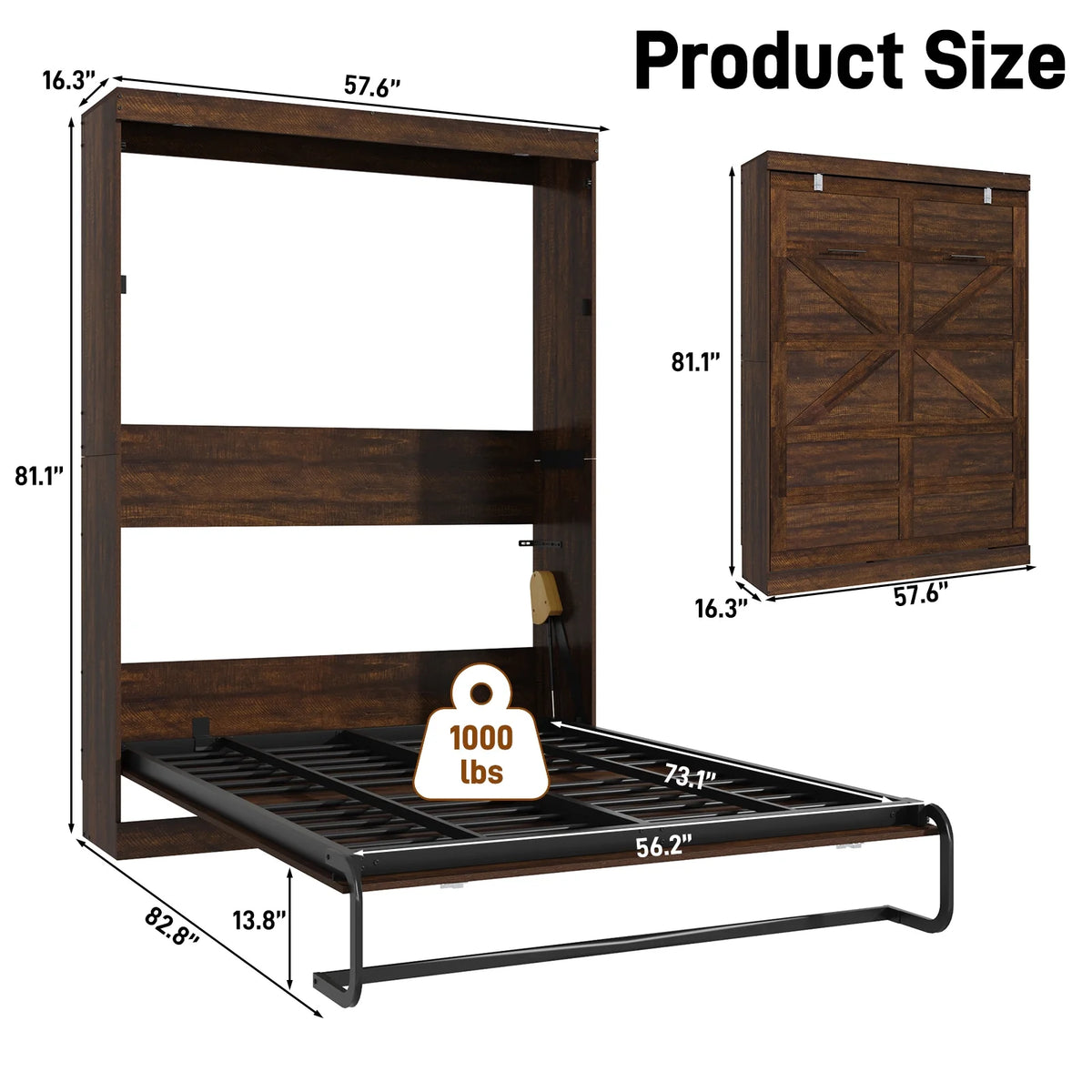 ANPOO Full Size Murphy Bed with 2 LED Lights, Farmhouse Wood Hidden Foldable Wall Bed Frame with Gas Struts, Storage Bed Cabinet for Bedroom, Office, Space-Saving, No Box Spring Needed