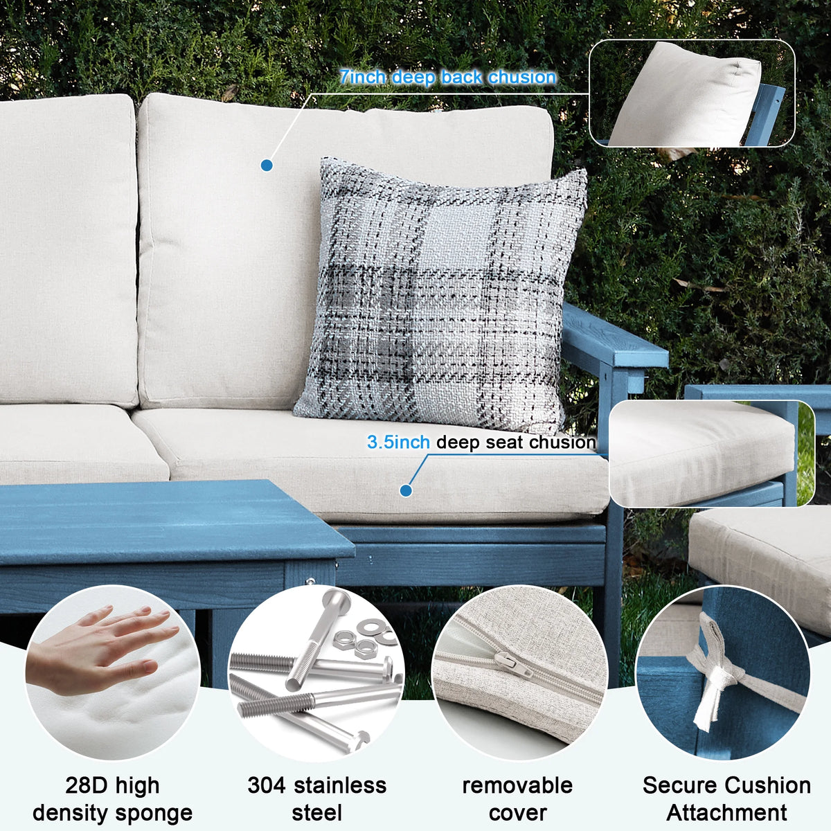 SERWALL Outdoor Patio Furniture Set, 7-Piece HDPE Outdoor Sofa Set Patio Conversation Set, Black Frame with Beige Cushions