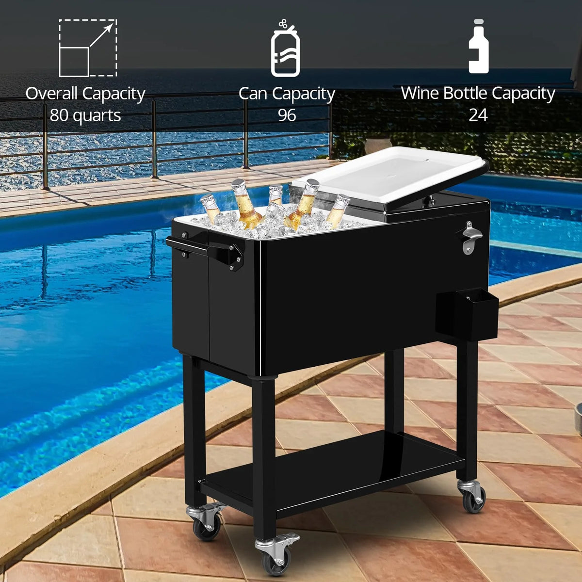 BNSPLY 80 Quart Outdoor Cooler Cart Rolling Ice Chest Cooler Cart, Portable Patio Cooler with Bottle Opener, Handles and Drainage, Standing Cooler for Patio Party, Camping and BBQ, Mint Green