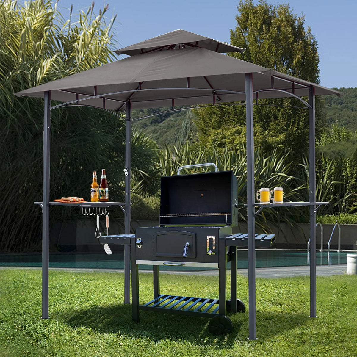 ABCCANOPY 8'x 5' Grill Gazebo Shelter, Double Tier Outdoor BBQ Gazebo Canopy with LED Light(Brown)