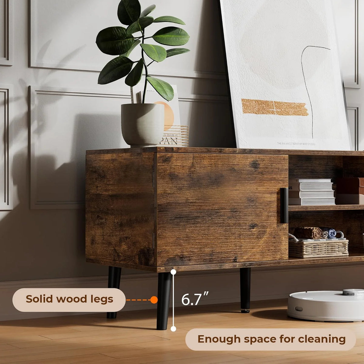 LL TV Stand for 55 Inch TV, Entertainment Center with Adjustable Shelf, 2 Cabinets, TV Console Table, Media Console, Solid Wood Feet, Cord Holes, for Living Room, Bedroom, White