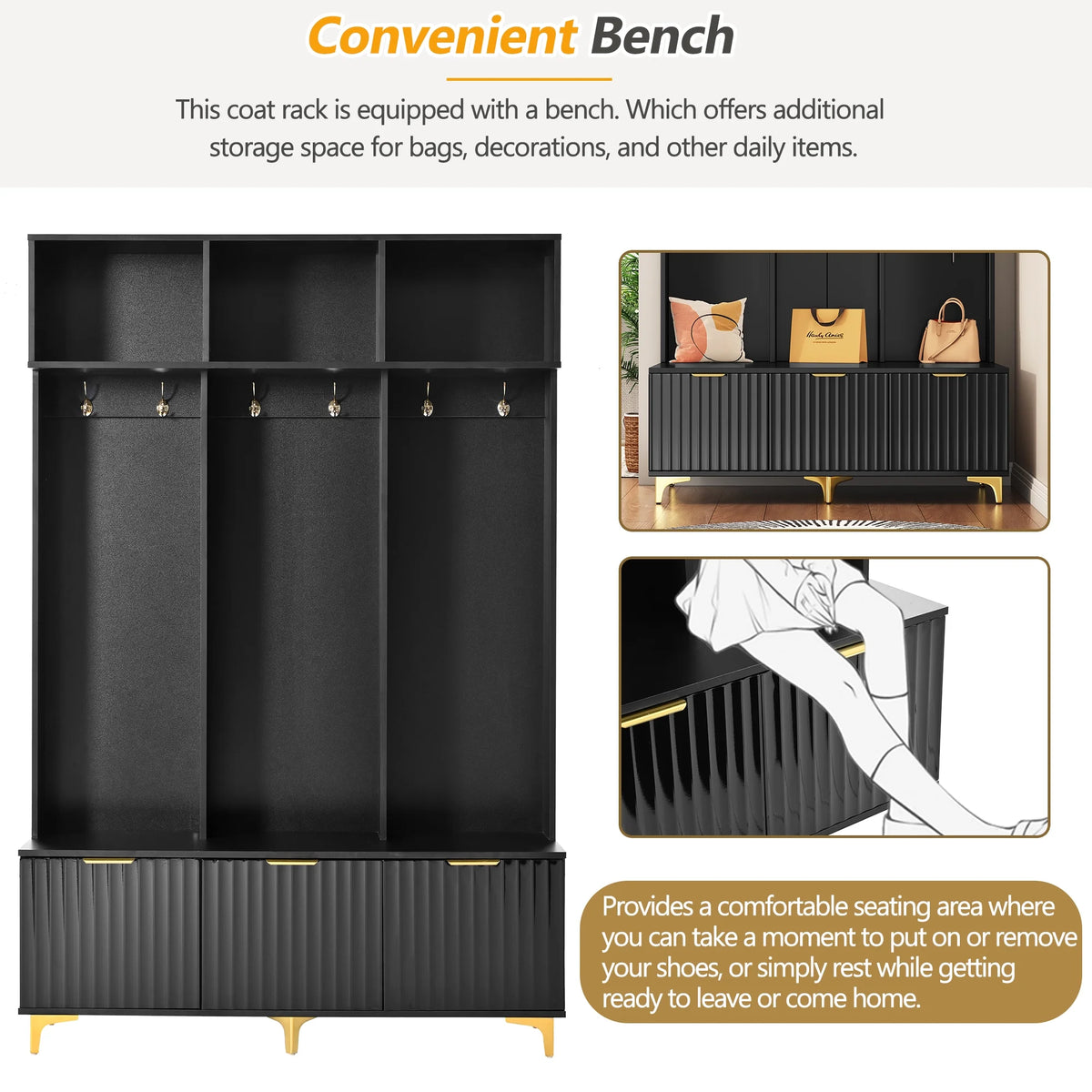 Euroco Modern Hall Tree with High Gloss Fluted Doors, Gold Accents, Shoe Storage & Bench a?? Entryway Organizer with Cubbies and Coat Hooks