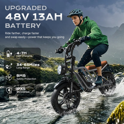 AIRWEST Peak 1000W Electric Bike for Adults - Reaches 25MPH, 65 Miles Long Range, 48V 13Ah Battery, Full Suspension, 7-Speed, 20" Fat Tire Electric Motorcycle Dirt Bike, UL2849