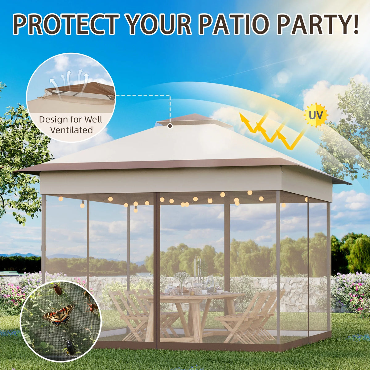 Bezseller 11x11 Pop up Gazebo, Outdoor Waterproof Canopy Tent with Mosquito Netting for Outdoors, Khaki