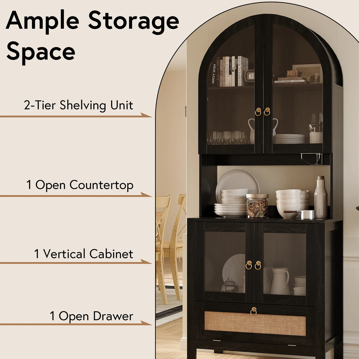 LAZZO 73-Inch Tall Arched Kitchen Pantry Storage Cabinet, 2 Doors, Brown