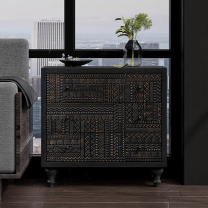 COZAYH 3 Drawer Farmhouse Dresser with Geometric Carved Pattern, Vintage Accent Wood Storage Chest Nightstand for Living Room, Bedroom, Boho, Mid-Century Modern, Black, Fully Assembled