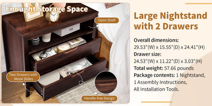 UBesGoo Nightstand 2 Drawer Dresser Side Table, Soild wood & MDF with Solid Wood Veneer, Brown