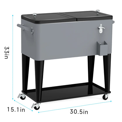 FreeLung 80QT Rolling Cooler Cart with Wheels Ice Chest Outdoor Backyard Coolers on Wheels Silver