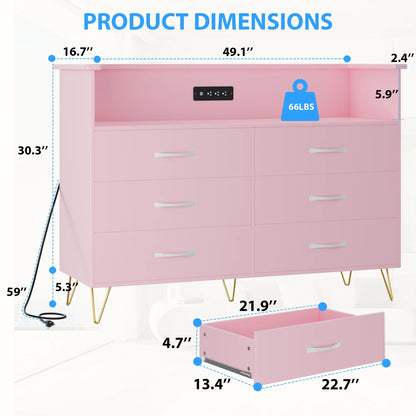 Homhougo Dresser for Bedroom 6 Drawer with LED Light & Charging Station, Wooden Dressers and Chests of Drawers with 2-Tier Open Shelves, Wide Dresser Organizer for Living Room Hallway Entryway, Pink