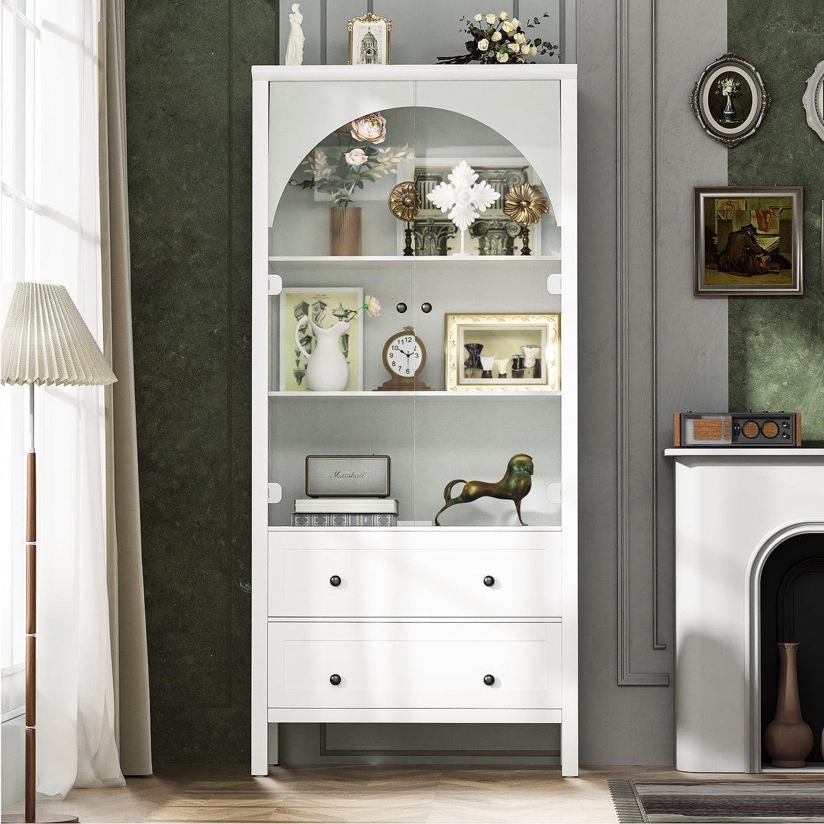 Arched Bookcase, Oak Arched Cabinet with Drawers, 71" Tall China Curio Cabinet, Display Cases for Collectibles, Vintage Bookshelf for Ding Room, Bedroom, Living Room