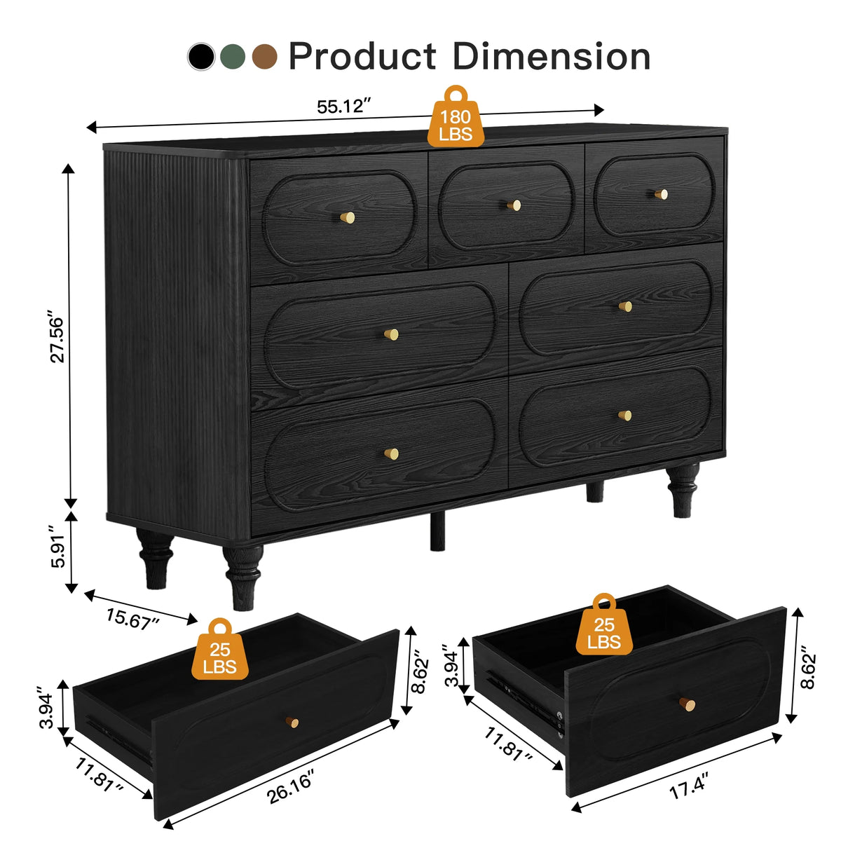 YOCWO 3 Drawer Nightstand, Classic Chest of Drawers with Arc Edge, Walnut