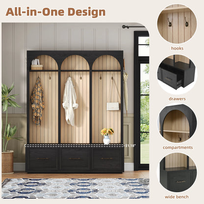 Euroco Farmhouse Wooden Style Hall Tree with Arched Design, Elegant 59" Wide Entryway Bench with 8 Retro Hooks, Rustic Coat Rack & Shoe Organizer with 3 Drawers for Mudroom, Living Room, Dark Walnut