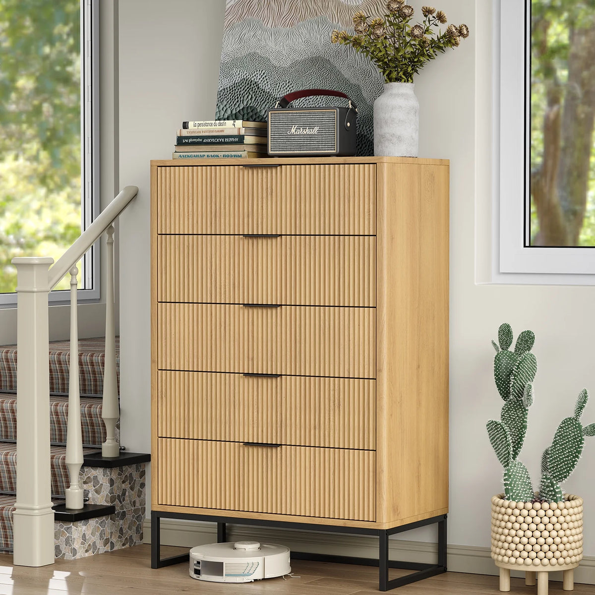 Furnihold 6 Drawer Rattan Dresser for Bedroom, Wooden Dresser Chest of Drawers, Storage Organizer for Closet, Beside Table for Living Room, Entryway
