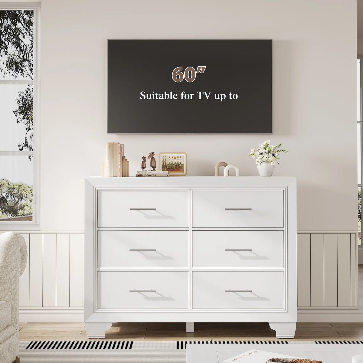 Homhougo White Dresser for Bedroom 6 Drawer, Wood Organizer Storage Cabinet with Gray Strip Drawer Door, Chest of Drawers for Closet, Living Room, Hallway, Nursery, Kids Bedroom
