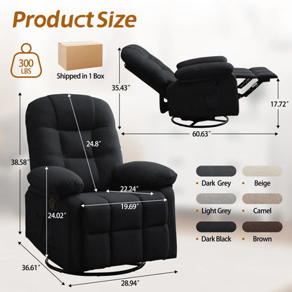 Korser Manual Swivel Rocker Recliner Chair for Living Room,Small Recliner Sofa for Small Spaces,Linen Fabric,Dark Black